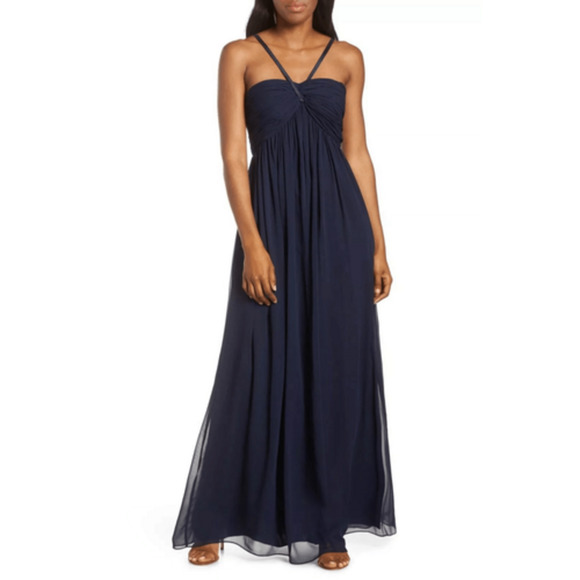 NWT Eliza J Halter Neck‎ Shirred Chiffon Gown in Navy Size 6 Evening Maxi Dress - Picture 1 of 16